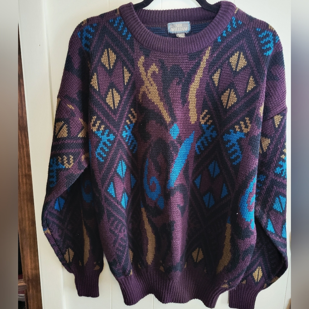 VTG Sir William 80s 90s Geometric Abstract Knit Acrylic Sweater Men L